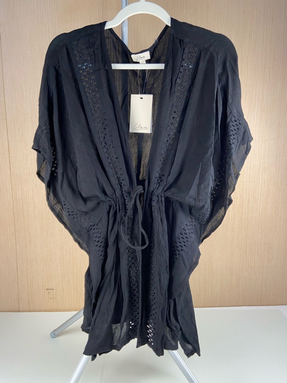 Elan Black Crochet Trim Kimono Cover Up Tunic Boho Lightweight Large NWT
